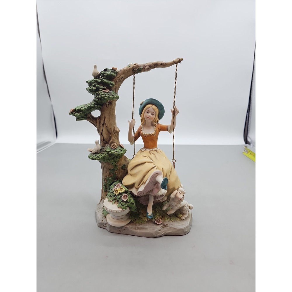 Antique Capodimonte Italy Porcelain Girl on Swing‎ Poodle Plays Music